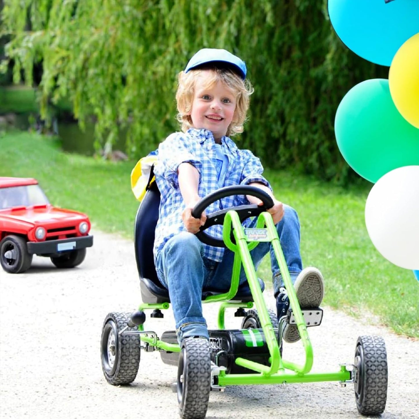 Kids Pedal Go Kart, 4 Wheel Bike Cart, Ages 4-8, Lightning Ride, Race Green - Outdoor Bicycle Karts with Plastic Wheels for Boys and Girls