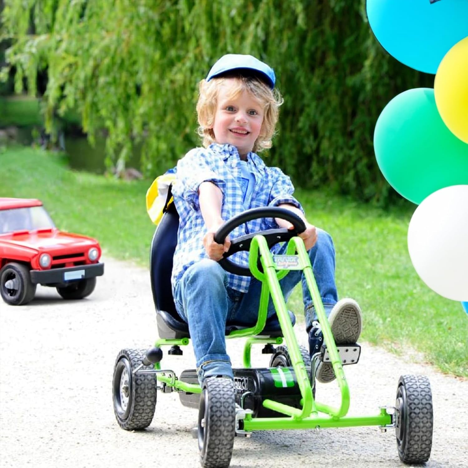 Kids Pedal Go Kart, 4 Wheel Bike Cart, Ages 4-8, Lightning Ride, Race Green - Outdoor Bicycle Karts with Plastic Wheels for Boys and Girls
