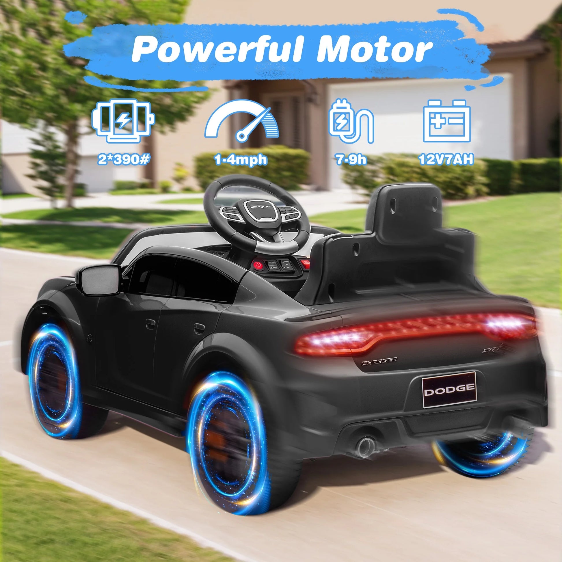 Dodge Electric Ride on Cars for Kids, 12V Licensed Dodge Charger Srt Hellcat Powered Ride on Toys with Parent Remote Control, Electric Car for Boys 3-5 W/Music Player/Led Lights/Safety Belt, Black