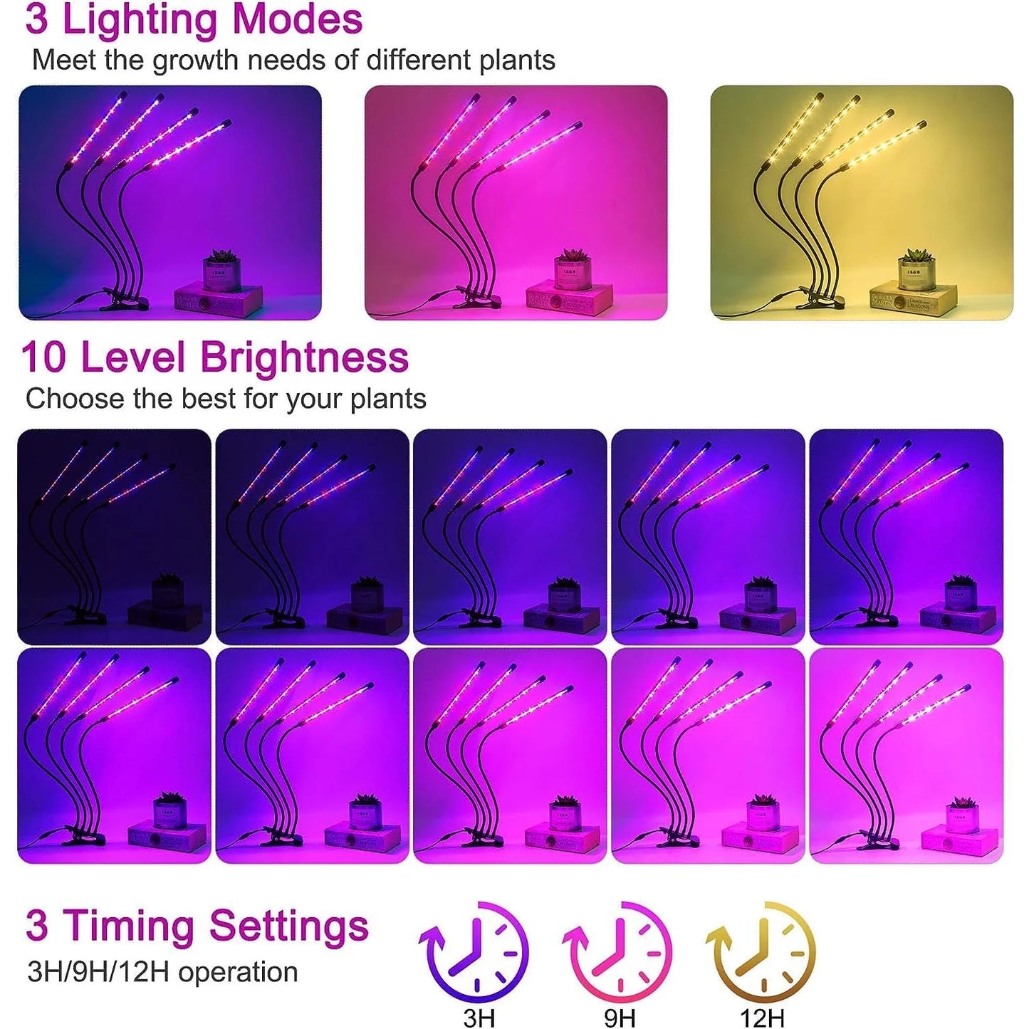 Grow Lights for Indoor Plants, Four Head 80  with Full Spectrum, Adjustable Gooseneck, Auto on off Timing 4 8 12Hrs